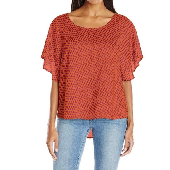 Prana ‘Emmi’ Women’s High- Low Printed Short Sleeve Blouse Orange Size Medium - Picture 1 of 7